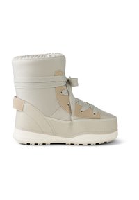Beżowy zimowy but z wysoką cholewką, wyściełanym kołnierzem, elastycznym otworem i teksturowanymi panelami. Posiada gumową podeszwę i sznurowanie.
