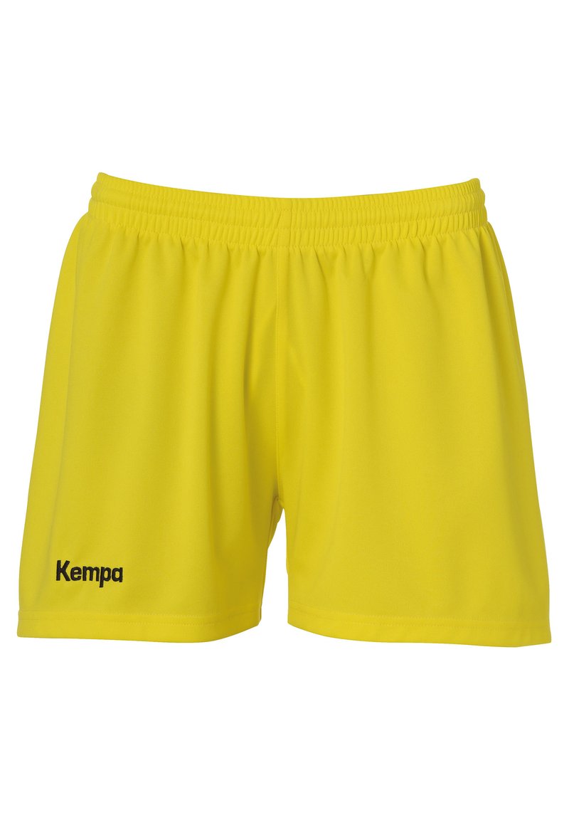 Pantalones cortos deportivos amarillos hechos de una tela ligera, con una cinturilla elástica y un logo negro de "Kempa" en el lado izquierdo.