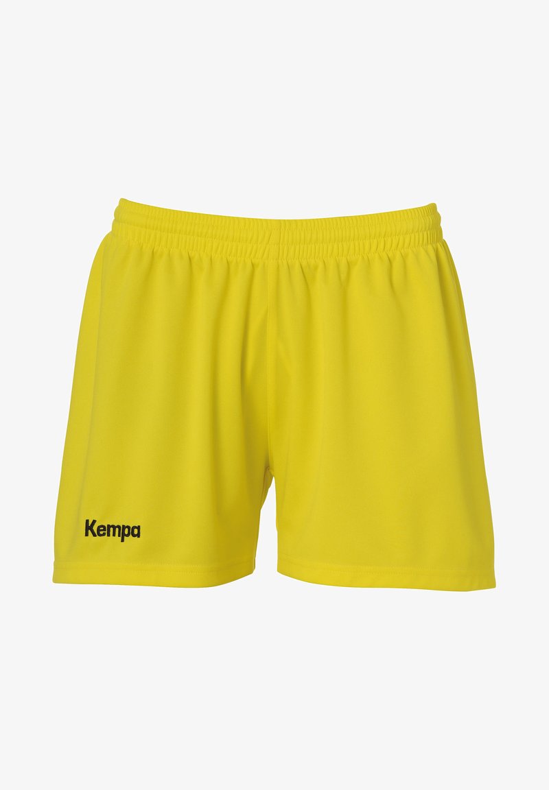 Pantalones cortos deportivos amarillos hechos de una tela ligera, con una cinturilla elástica y un logo negro de "Kempa" en el lado izquierdo.