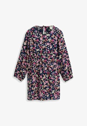 Blumen Kleid aus dunkelblauem Stoff mit langen Ärmeln, gerafftem Design, das eine Mischung aus rosa, weißen und gelben Blumen zeigt. Schlüsselöffnungsdetails auf der Rückseite.