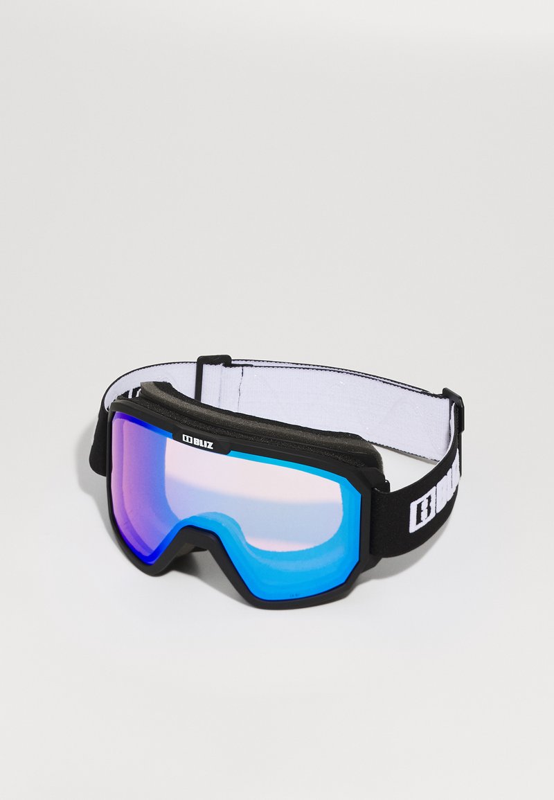 Sanjazdové okuliare s čiernym rámom a mäkkým polstrovaním, s modrým zrkadlovým sklom a čiernym pásikom s bielym logom.