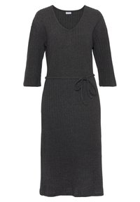 Strickkleid in Dunkelgrau mit V-Ausschnitt, dreiviertellangen Ärmeln und gebundenem Bund. Verfügt über eine gerippte Textur und einen knielangen Saum.