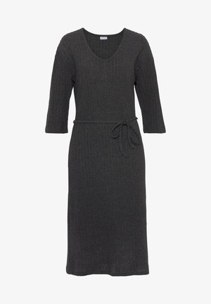 Strickkleid in Dunkelgrau mit V-Ausschnitt, dreiviertellangen Ärmeln und gebundenem Bund. Verfügt über eine gerippte Textur und einen knielangen Saum.