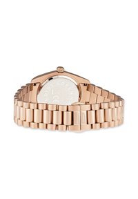 Roségoldener Metalluhren mit verbundenem Armband, Verschluss mit eingraviertem "Copenhagen Studios" und sichtbarem runden Gehäuseboden, der Markenkennzeichnungen zeigt.