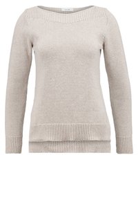 Hellbeige gestrickter Pullover mit weitem Carmen-Ausschnitt, langen Ärmeln, gerippten Bündchen und Saum sowie einer lockeren Passform. Texturiertes Material über die gesamte Fläche.