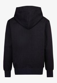 Felpa nera con cappuccio, caratterizzata da un motivo testurizzato, un cappuccio con lacci e polsini a costine. Il design è semplice, con una vestibilità classica e dettagli minimi.