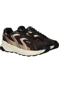 Black and brown athletic shoes featuring a mesh upper with metallic accents, round laces, and a cushioned, textured sole.