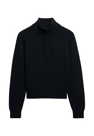 Zwarte pullover met lange mouwen, een geribde opstaande kraag en een rits aan de voorkant tot halverwege, met subtiele textuurpatronen op de schouders en manchetten.