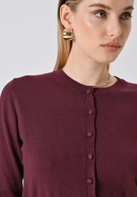Frau in einem kastaniefarbenen Knopf-Pullover, mit goldenen Creolen und einer goldenen Halskette, die auf einer schlichten Hintergrund nach rechts schaut.