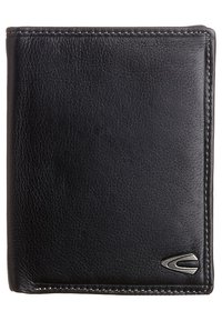 Black leather wallet with a smooth texture. Features a stitched edge and a small metallic accent, measuring approximately rectangular.