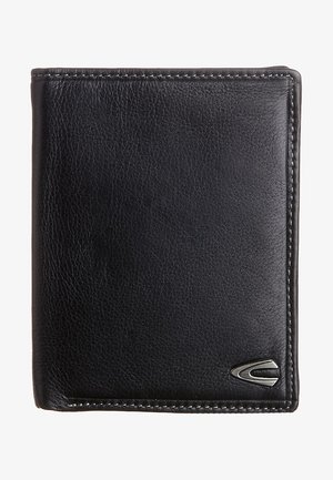 Black leather wallet with a smooth texture. Features a stitched edge and a small metallic accent, measuring approximately rectangular.