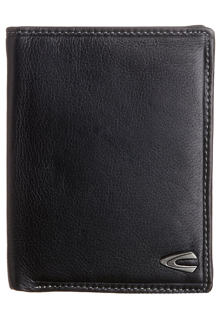 Black leather wallet with a smooth texture. Features a stitched edge and a small metallic accent, measuring approximately rectangular.