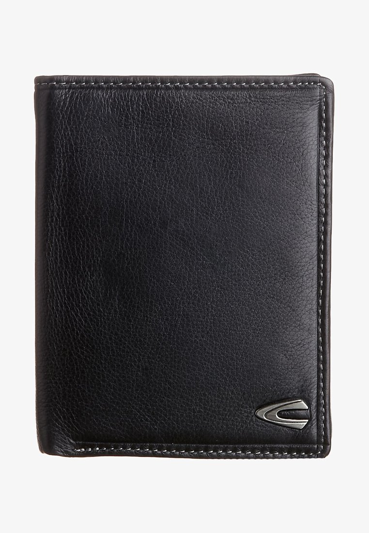 Sorte læderpung med en glat tekstur. Har et syet kant og en lille metallisk detalje, der måler cirka rektangulært.