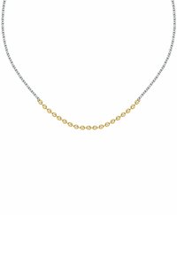 Collana in argento con perle sferiche dorate disposte in una linea curva, che mette in risalto una finitura bicolore e una superficie liscia.