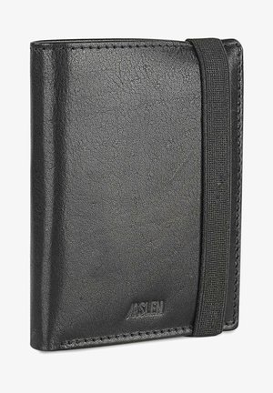 Cartera de cuero negro con una superficie texturizada, correa elástica y bordes cosidos. Presenta un logotipo sutil estampado en la parte frontal.