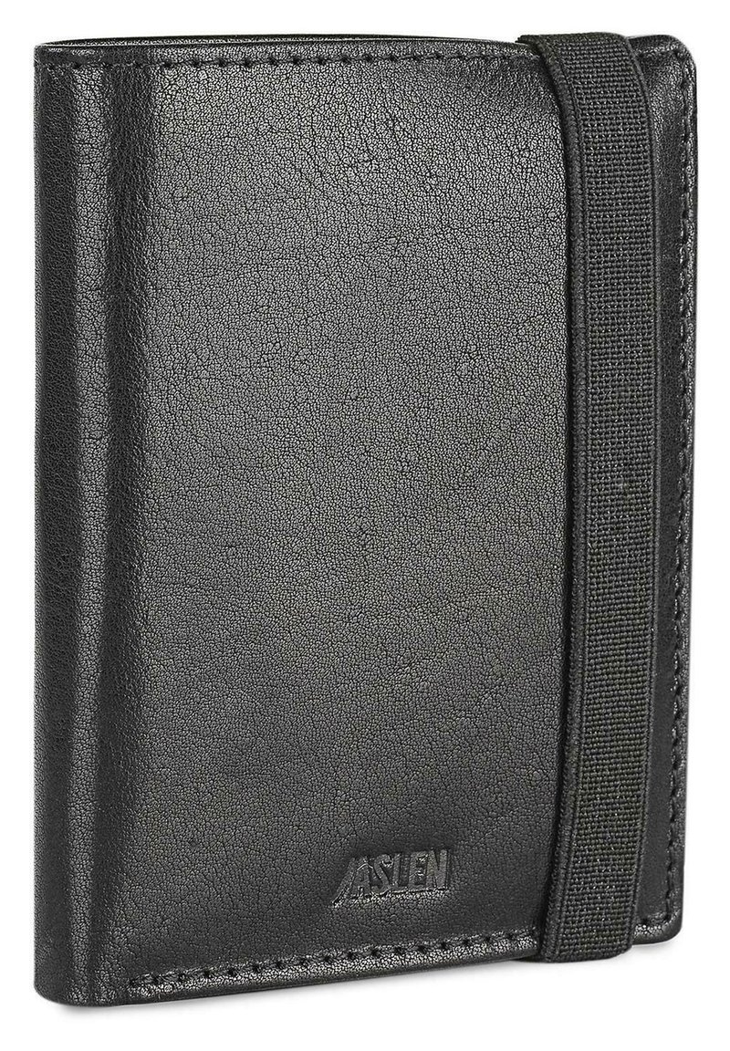 Cartera de cuero negro con una superficie texturizada, correa elástica y bordes cosidos. Presenta un logotipo sutil estampado en la parte frontal.