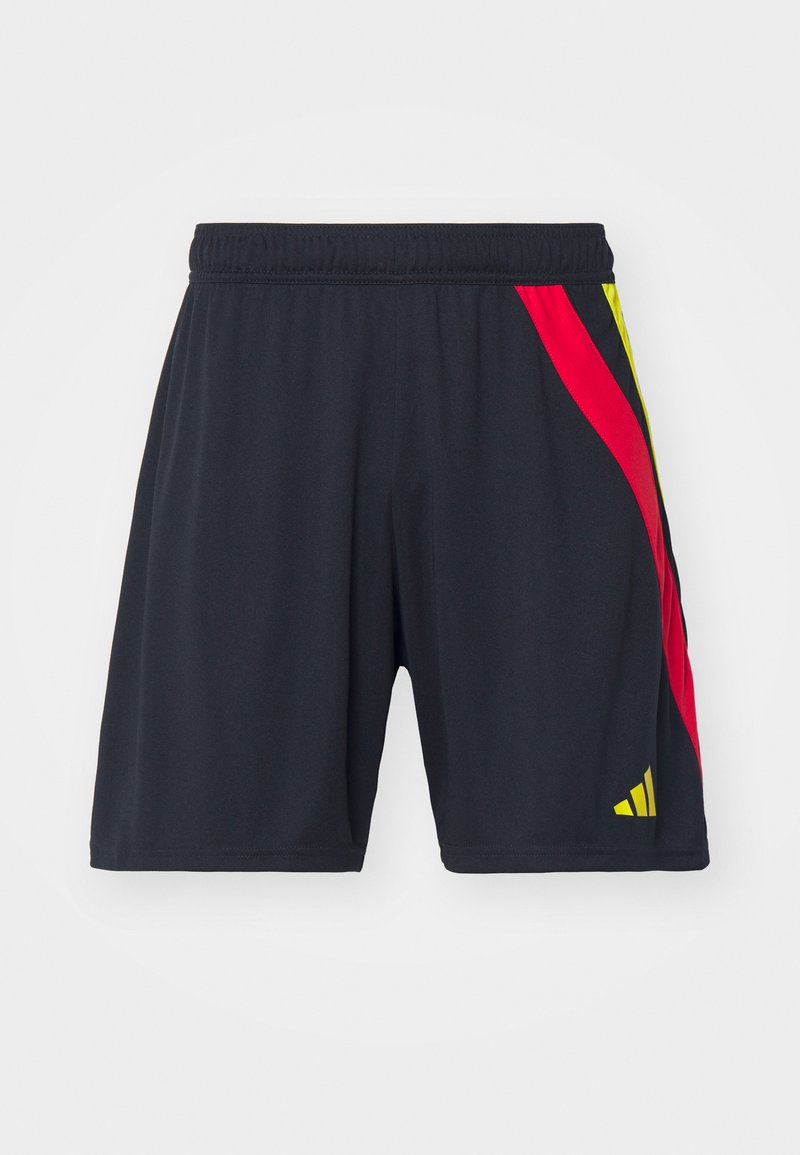 Black athletic shorts with a textured finish. Features red and yellow diagonal stripes on the side and an elastic waistband.