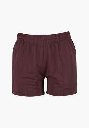 Shorts maroon avec une ceinture élastique, comprenant des fines rayures verticales, une texture douce et un petit détail de logo sur le devant gauche.