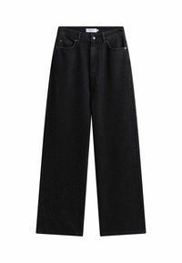 Czarne dżinsy typu wide-leg, wykonane z denimu, z teksturowanym wzorem i małymi perforacjami, zapinane na guzik, z kieszeniami z przodu.