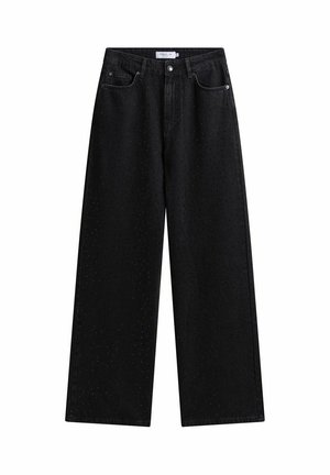 Czarne dżinsy typu wide-leg, wykonane z denimu, z teksturowanym wzorem i małymi perforacjami, zapinane na guzik, z kieszeniami z przodu.