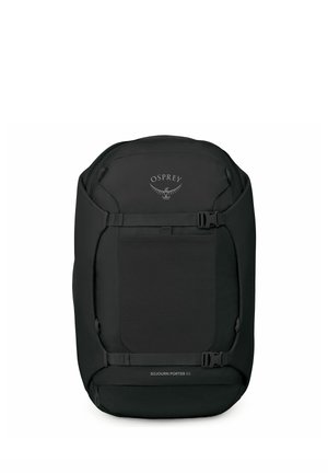 Zwarte Osprey Sojourn Porter 65 reistas met verstelbare compressieriemen en een bovenlogo op een witte achtergrond.