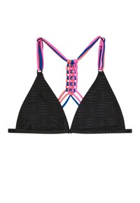 Top bikini triangolare nero con texture a motivo, dotato di spalline multicolori intrecciate sul retro. Legacci regolabili per una vestibilità personalizzata.