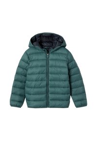 Grüne gepolsterte Jacke mit Kapuze, durchgehendem Reißverschluss und horizontaler Steppung. Futter scheint dunkel mit einer glatten Textur zu sein.