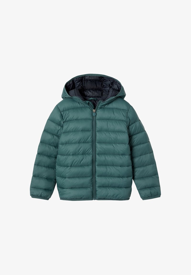 Grüne gepolsterte Jacke mit Kapuze, durchgehendem Reißverschluss und horizontaler Steppung. Futter scheint dunkel mit einer glatten Textur zu sein.