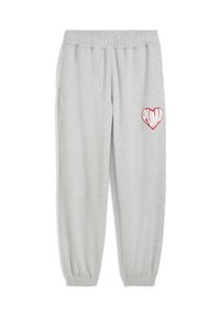 Pantalones de chándal gris claro con cintura y puños elásticos. Presenta un logo de corazón rojo en el muslo izquierdo. Hechos de un tejido suave.