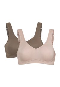 Två behåar i olika färger: en ljus beige och en mörk taupe. Har breda remmar, en mjuk textur och en sömlös design.