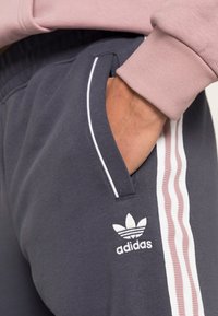 Sivé tepláky s bielym pásikom na vrecku, s ružovými pruhmi a logom Adidas. Tkanina vyzerá mäkko a pružne, tesne prilieha k telu.