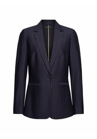 Laivastonsininen ohuen raitakuosin bleiseri, kevytkankaasta valmistettu, yksirivisellä napituksella, lovikauluksilla ja kahdella etutaskulla.