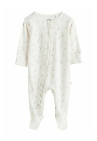 Vit baby bodysuit med dragkedja fram, långa ärmar och fötter, prydd med ett ljust blommönster i beige nyanser.