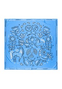 Foulard in seta blu con un motivo di fiori, uccelli e sole contornati in nero, con bordi decorativi e forme fantasiose.