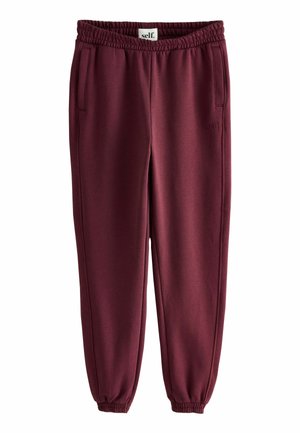 Burgundy sweatpants med dragsko i midjan, elastiska muddar, två sidfickor och en diskret logotyp broderad på vänster ben.
