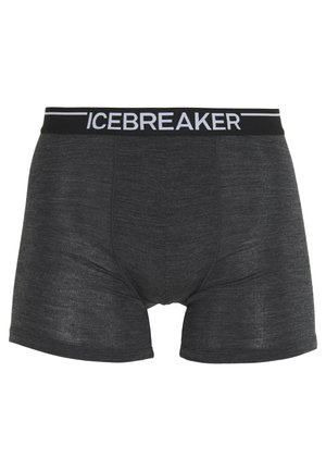 Schwarze Boxershorts aus einem weichen, gemischten Stoff, mit einem breiten, elastischen Bund, der das Wort "ICEBREAKER" in weißer Schrift trägt.