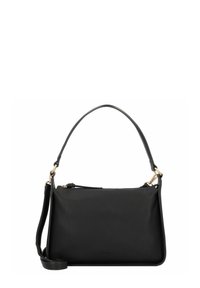 Borsa a tracolla in pelle nera con un design strutturato, un manico superiore singolo e una tracolla rimovibile. Caratterizzata da accessori in tonalità dorata e chiusura con zip.