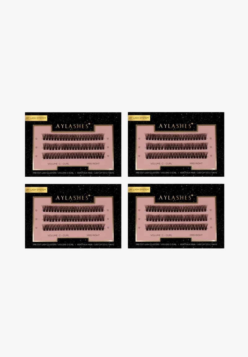 Four lash trays with pink backing and black packaging. Each tray displays black, pre-cut volume C-curl lashes labeled "Mrs Right," length 12.