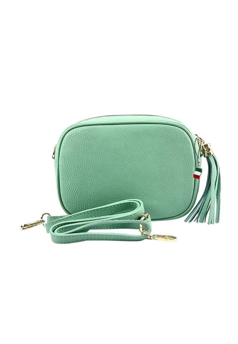 Mintgroene leren schoudertas met een rechthoekige vorm, gouden hardware en een kwastdetail. Inclusief een bijpassende schouderband.