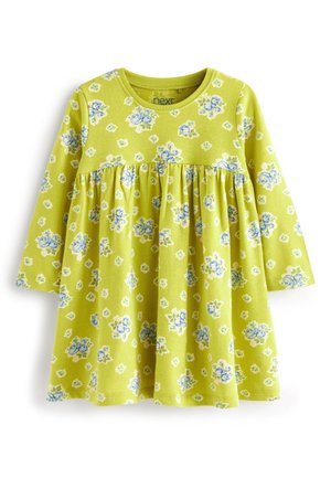 Long-sleeve toddler dress in lime green with blue and white floral pattern and gathered waist detail.