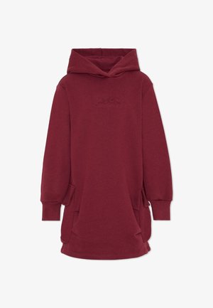 Dieprode hoodie-jurk met lange mouwen, voorzakken en subtiele reliëflogo op de borst.