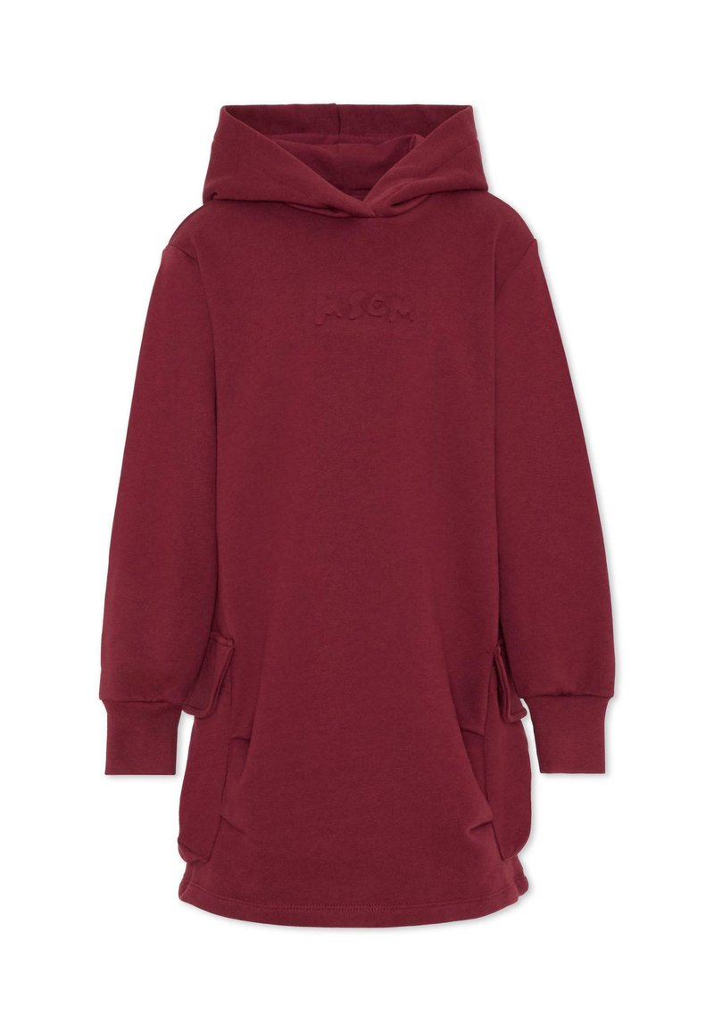 Abito felpa con cappuccio di un rosso scuro, maniche lunghe, tasche frontali e logo in rilievo discreto sul petto.