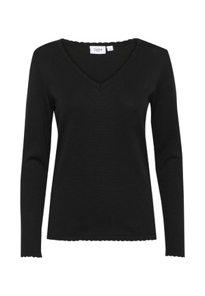 Top noir à manches longues avec un décolleté en V et des bords festonnés. Fait en tissu doux, il présente un design ajusté et une étiquette indiquant la taille M.