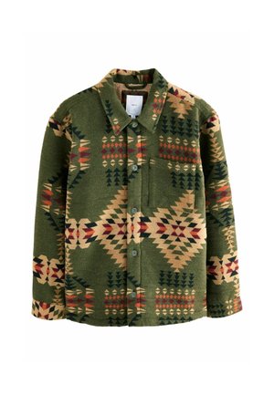 Groene jack met knopen en een geometrisch patroon in beige, rood en zwart, voorzien van een kraag en een borstzak.