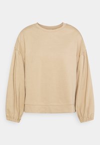 Sweat-shirt beige à col rond, en coton doux, coupe décontractée, manches longues avec poignets froncés, et ourlet droit.