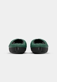 Pair of green and black padded slip-on slippers with loop pull tabs on the front, viewed from the toes against a white background.