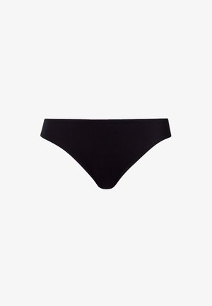 Parte inferiore di bikini nera in un tessuto liscio e elastico. Presenta un design a vita bassa e un taglio minimalista, offrendo una copertura moderata.