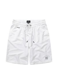 Weiße Schwimmshorts aus glattem synthetischem Material, mit einem elastischen Bund und Kordelzug sowie einem auf der unteren linken Seite aufgedruckten Logo.