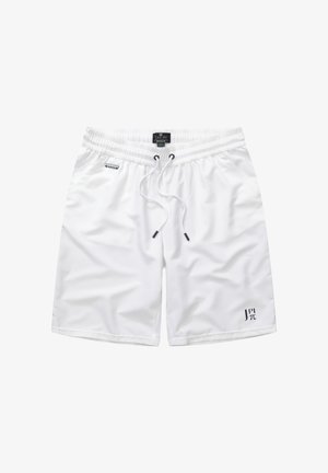 Bañadores blancos de material sintético suave, con una cinturilla elástica y cordón ajustable, y un logotipo impreso en el lado inferior izquierdo.