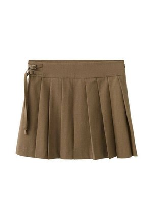 Falda marrón plisada con una cinturilla ancha, que cuenta con dos hebillas metálicas y un detalle de lazo en el lateral. Tela lisa con un diseño estructurado.